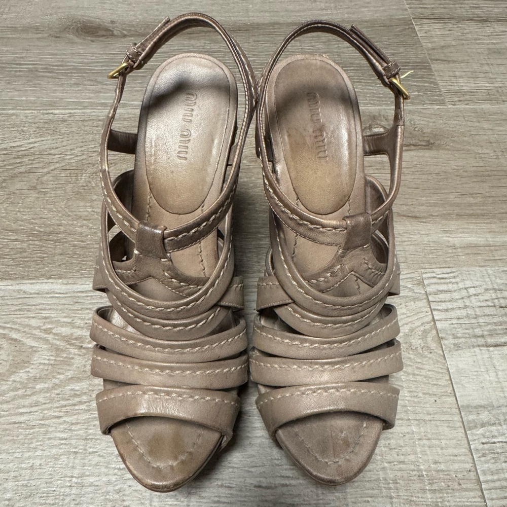 Miu Miu taupe wedge sandals 38 1/2